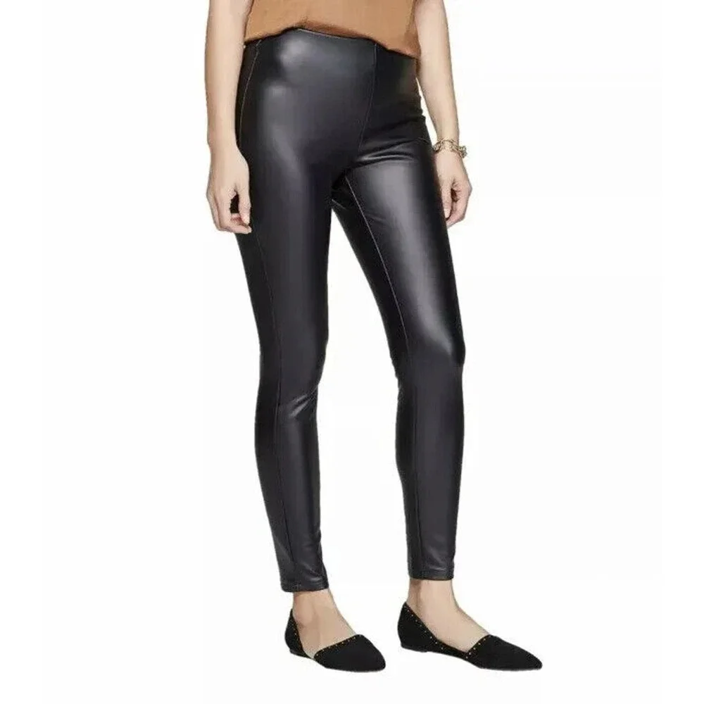 A New Day Womens Legging Pants Size XL Black Faux Leather High-Waist Stretchy‎